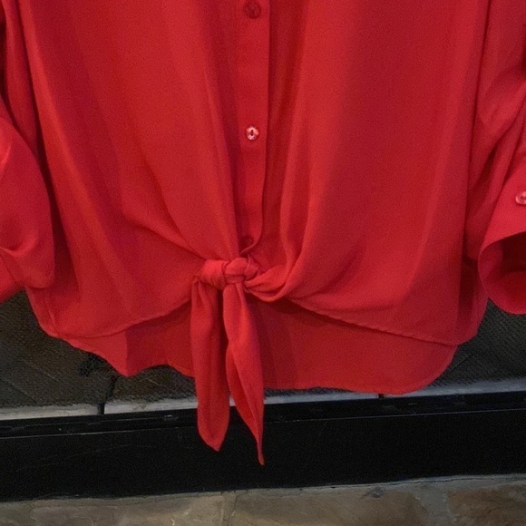 Allison Daley Red button down blouse with front tie and unique rolled sleeves.1X - Picture 3 of 6